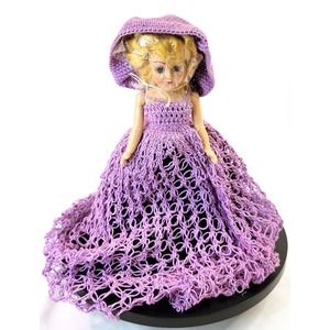 Vintage Doll Blonde Hair w/ Violet Handmade Crochet Dress Hat Sleep Eyes